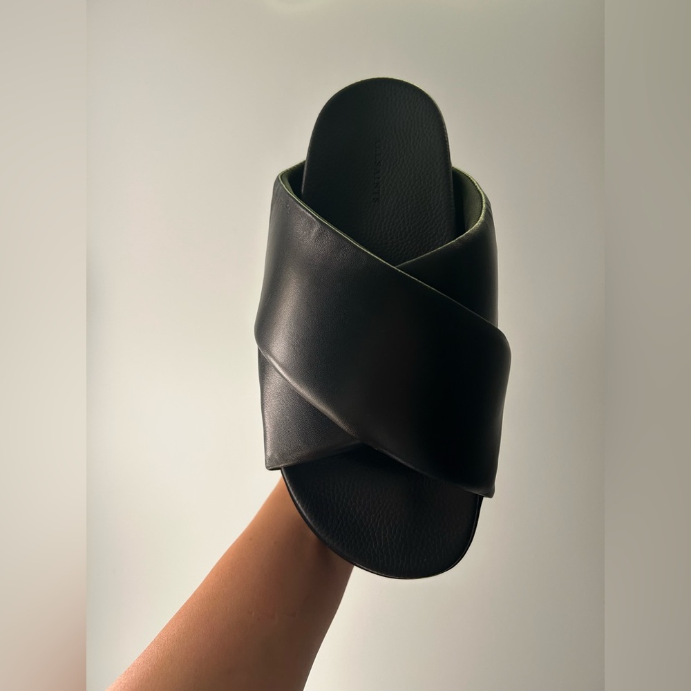 All Saints Black Leather Slide Sandals